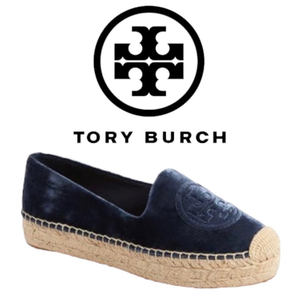 Tory Burch Blue Velvet Espadrilles logo crochet platform shoes